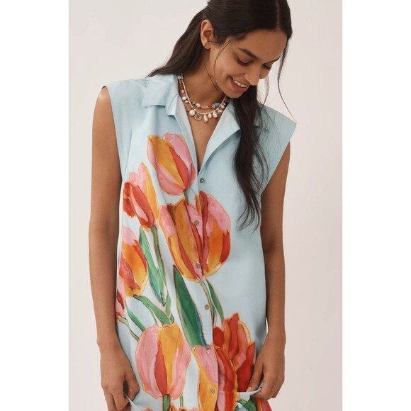Anthropologie Maeve The Lillian Cap Sleeve Button Front Midi Dress Tulip Size XS - Picture 2 of 15